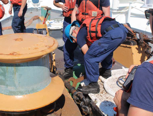 Members of deck department get ready for an anchoring evolution. Members of deck department get ready for an anchoring evolution.